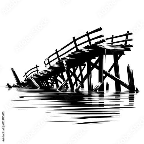Abandoned wooden  footbridge across river in monochrome sketch, representing decay and solitude