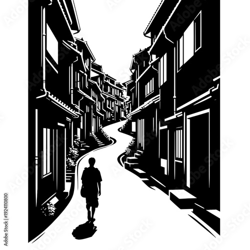 A lone person walking down narrow alleyway in black-and-white urban art