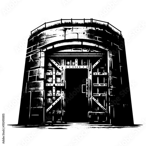 Industrial bunker entrance, sketched, black-and-white, fortress structure