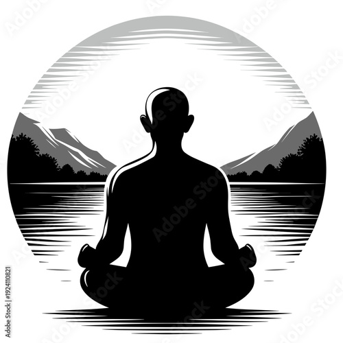 Meditation silhouette in nature by tranquil lake