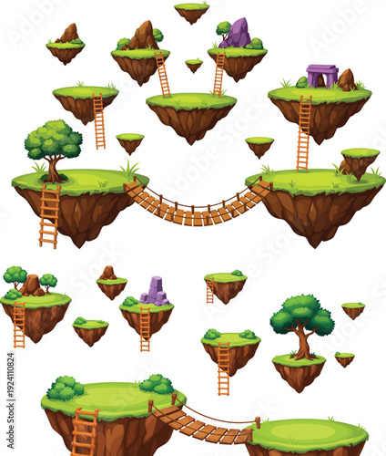Fantasy floating islands with grass, trees, bridges, and structures, imaginative artwork symbolizing adventure, video game design, and storytelling