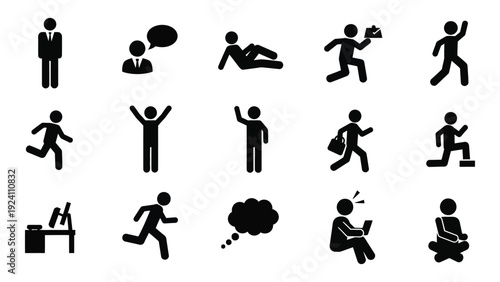 A collection of 14 black and white icons depicting people in various actions isolated on white background, Vector