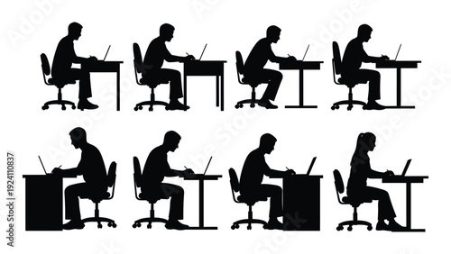 A series of silhouettes showing poor and good sitting postures at a desk isolated on white background, Vector