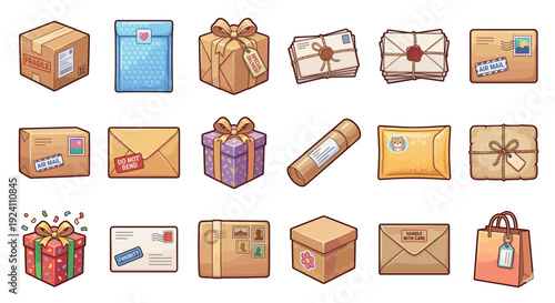Vector illustration set of postal and delivery shipping icons in cartoon style