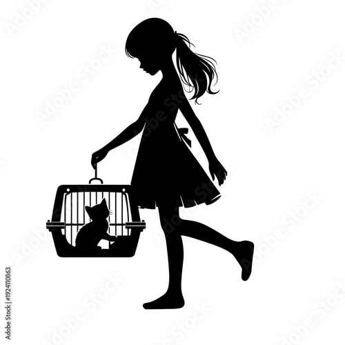 Girl carrying cat in carrier walking silhouette