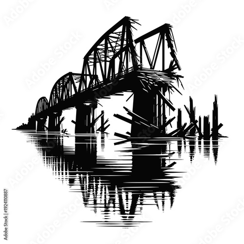 Black-and-white bridge illustration, abstract, symbolic, tranquil water reflection
