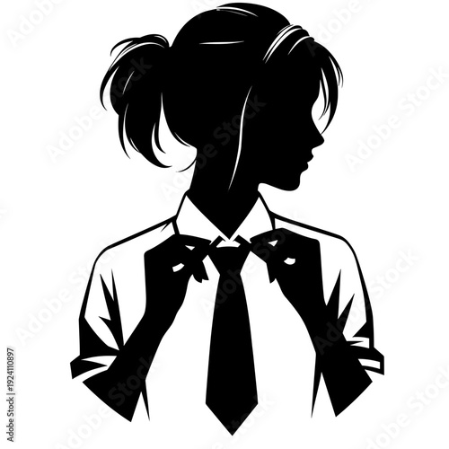 Silhouette woman adjusting tie in professional attire