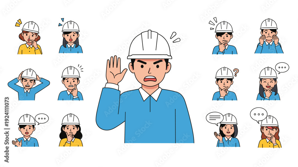 Fototapeta premium Diverse set of construction workers in white hard hats and blue uniforms expressing various emotions and using speech bubbles.