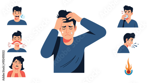 Medical illustration set showing characters suffering from extreme heat exhaustion, high fever, and other hot weather related ailments.