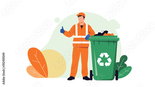Waste management worker in orange safety clothing gives a thumbs up while standing next to a green mobile recycling bin full of trash.