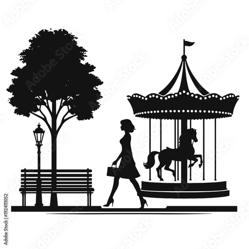 Elegant silhouette woman walking near carousel park scene