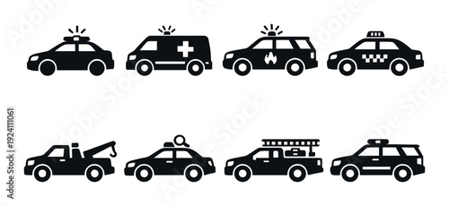 Row of eight emergency and service vehicle icons on gray background