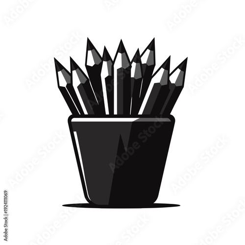 Black pencils in cup, minimalist, monochrome, stationery