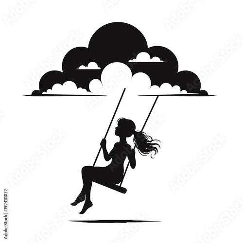 A person swinging happily on a swing against a cloudy sky background