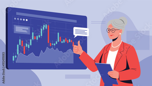 Professional senior businesswoman in a red blazer holding a clipboard and pointing at a large digital stock market data dashboard.