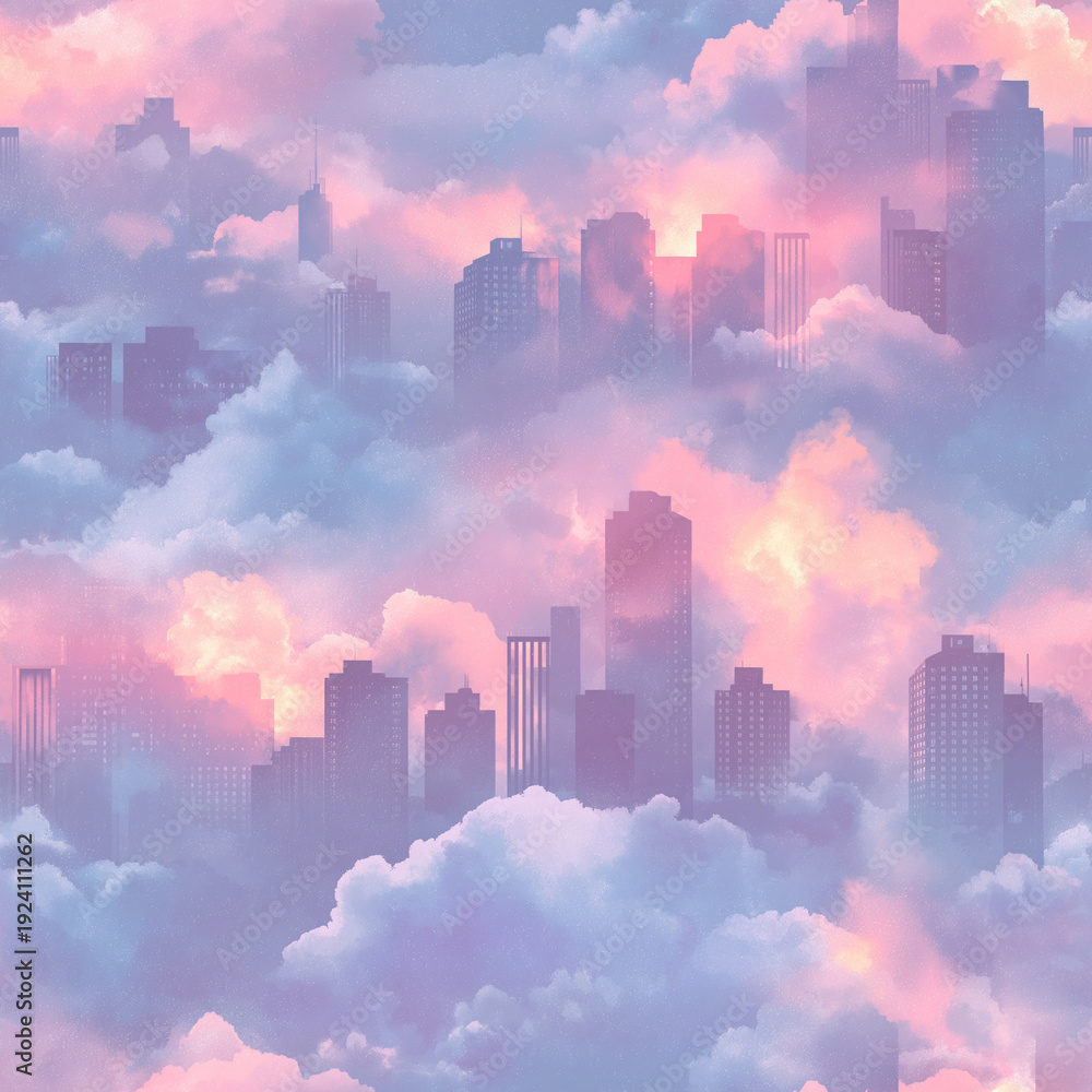 Fototapeta premium Dreamy seamless background of a city skyline floating among fluffy clouds in pastel pink, lavender, and blue tones, creating a surreal urban fantasy atmosphere.