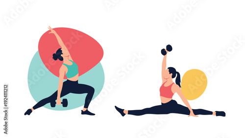 Two fit women performing yoga and fitness exercises with weights against a background of colorful abstract organic shapes and circles.