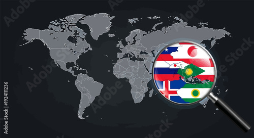 Gambia flag magnified on a world map with a magnifying glass.