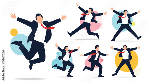 Set of happy businessmen jumping for joy in suits and red ties, celebrating success and achievement against colorful abstract geometric shapes.