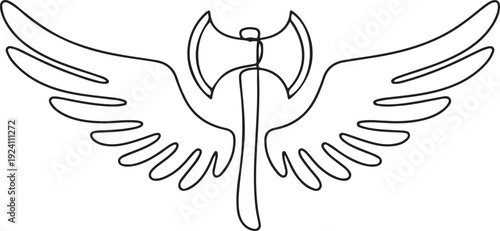 Continuous one line drawing axe wings icon template. Black and white winged axe logo with elegant outspread wings and feathers for logo design. one line Icon drawing