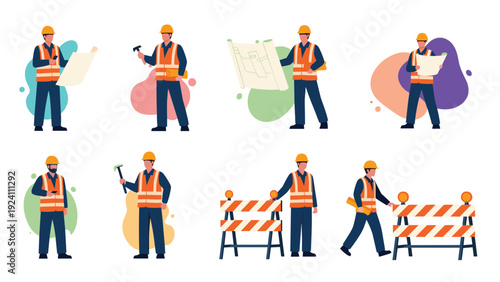 Diverse collection of construction workers and engineers in safety gear holding blueprints, tools, and standing near road barriers on white background.
