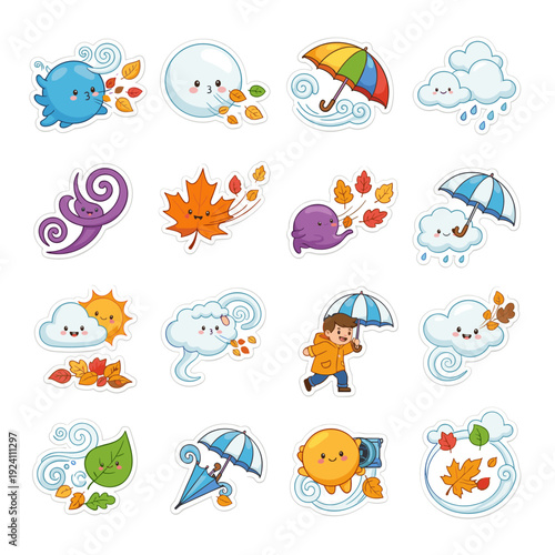 Cute autumn weather and windy day cartoon sticker collection