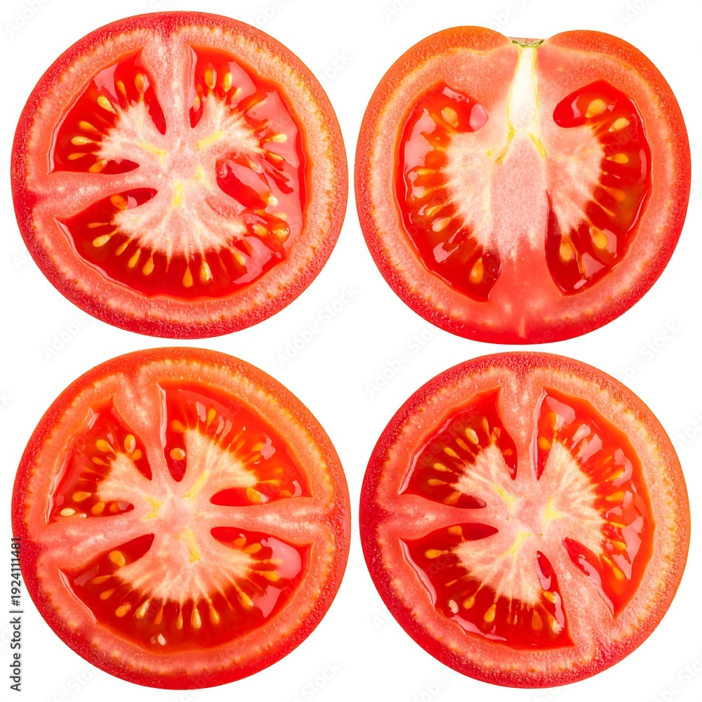 custom made wallpaper toronto digitalFour tomato slices, showcasing intricate seed patterns and vibrant red hues against a white background