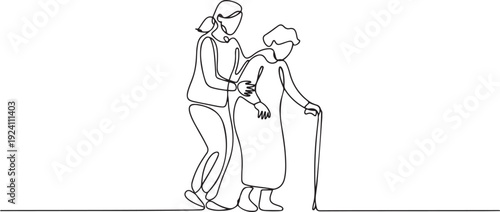 Continuous one line drawing back view, caregiver woman guiding old grandmother walking. A stick is a walking aid. Devotion. Caregiver Appreciation Day. one line Icon drawing