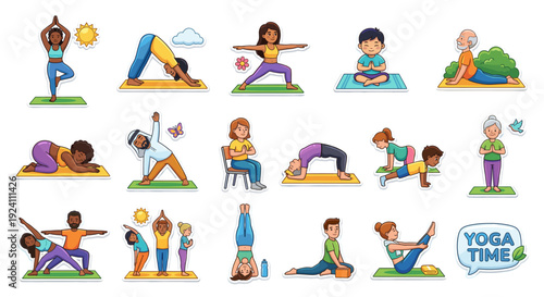 Diverse people practicing yoga and meditation cartoon sticker set