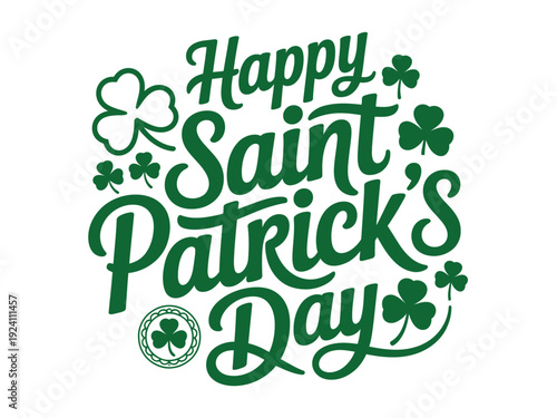 Festive green typography proclaims Happy Saint Patrick's Day surrounded by various sizes of traditional shamrock icons.