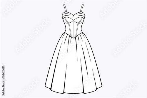 Black and white outline illustration of a classic strapless corset bodice ball gown on a light background