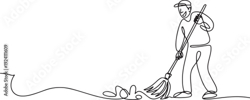 Single one line drawing trash man cleaning trash with broom. Enthusiasm about working to maintain the cleanliness and beauty of nature. Reduce pollution. one line Icon drawing