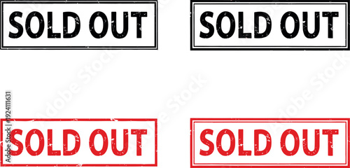 Set of rectangular “Sold Out” rubber-stamp style labels in distressed and clean black and red vector designs.