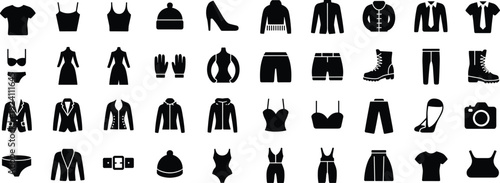 Black silhouette icons of clothing footwear and fashion accessories Keywords: clothing, fashion, apparel, silhouette, icon