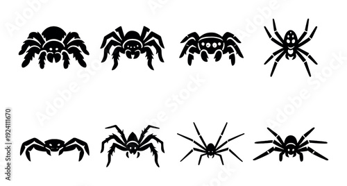 Multiple spider silhouettes with illuminated eyes on dark background