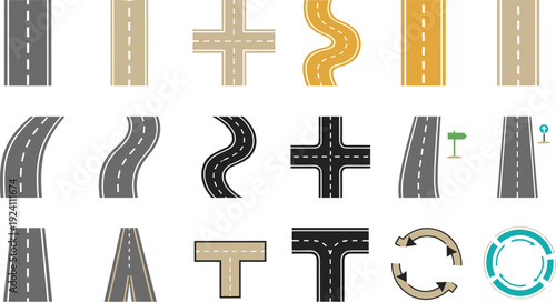 Road Elements Collection Vector Illustration Set with Straight Curved Cross T Junction and Roundabout Highway Sections Isolated on White Background
