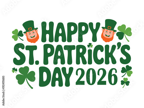 Cheerful leprechaun heads flank bold green text wishing everyone a Happy St Patrick's Day celebration in the year 2026.