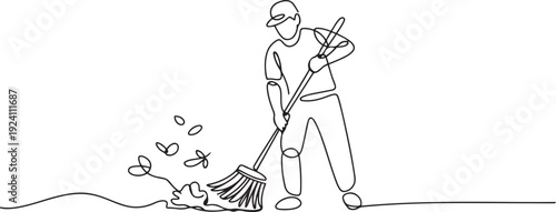Single one line drawing trash man cleaning trash with broom. Enthusiasm about working to maintain the cleanliness and beauty of nature. Reduce pollution. one line Icon drawing