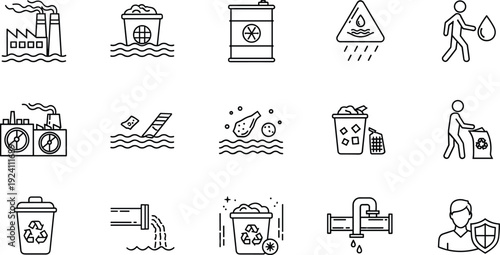 Water Pollution and Environmental Protection Line Icon Collection Vector Illustration Set with Recycling Waste and Factory Symbols Isolated on White Background