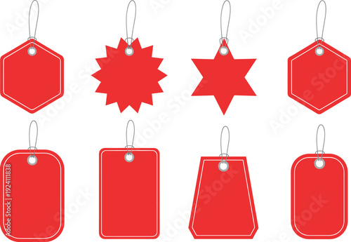 Set of red blank hanging price tags in different geometric shapes with string loops isolated on white background for retail design