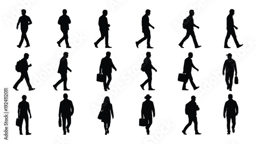 A group of people walking in different poses isolated on white background, Vector