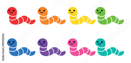 Colorful cartoon worms in rows on dark gradient background
