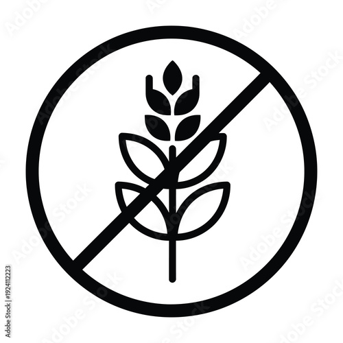 Symbol of a stylized wheat stalk enclosed in a circle with a diagonal line indicating prohibition representing a gluten free dietary choice for health conscious individuals