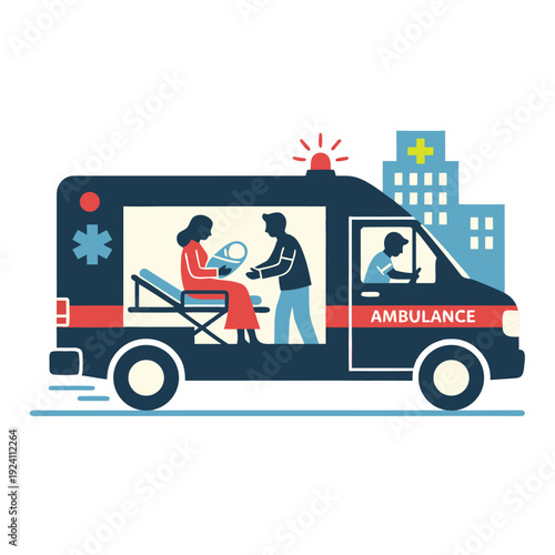 An illustration depicts paramedics attending to a mother and newborn baby inside an ambulance vehicle