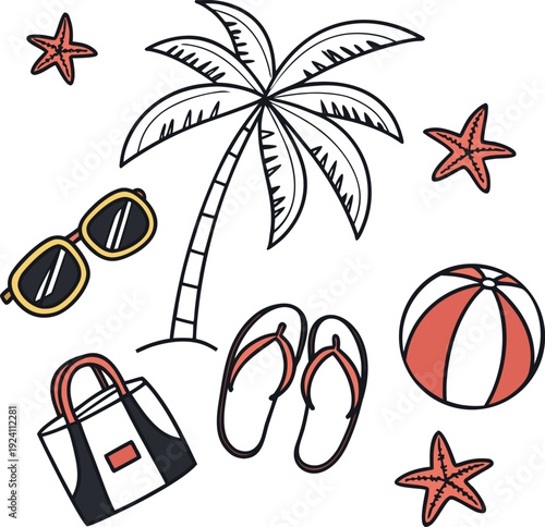 Tropical beach and summer icons set featuring palm tree silhouettes, sun, and sea waves in a vector illustration for travel and exotic island vacation design