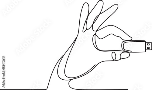 Single continuous line drawing hand is holding a flash drive. Has the largest storage media up to 1TB. Small things with many benefits. National Flash Drive Day. one line Icon drawing