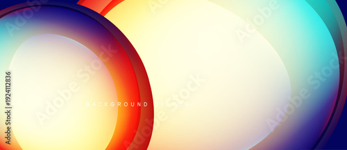 Abstract colorful waves create dynamic background. Smooth gradients blend orange, blue, yellow hues. Modern design element.