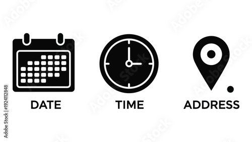 Event details icons for date, time, and address isolated on white background, Vector