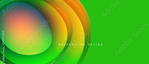 Abstract vibrant layers create dynamic green background. Orange, yellow hues blend smoothly, forming circular shapes. Modern design element.