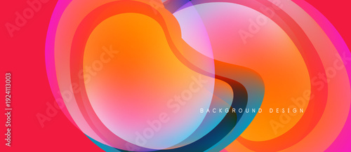 Abstract fluid shapes, vibrant colors blend. Dynamic composition creates modern visual impact. Red, orange, blue hues dominate design.